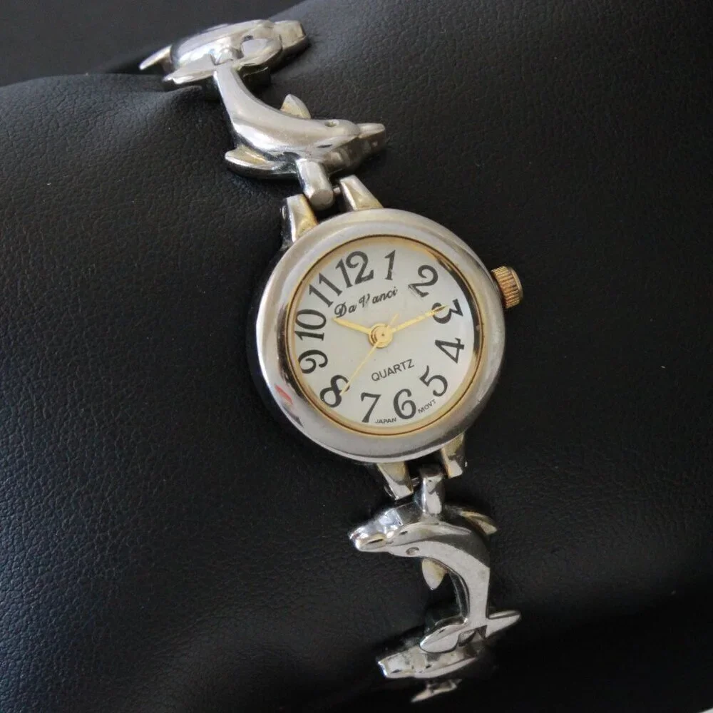 Vintage Ladies Da Vinci Quartz Watch Dolphin Bracelet Used 22mm